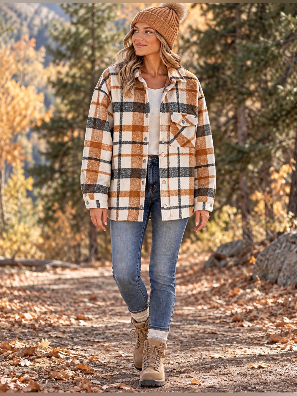 Monrow Plaid Flannel Shacket Brown & White Small